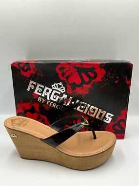 Fergalicious Sandals Size 7.5 Black Patent Wedge Thong with Wood-Look Platform